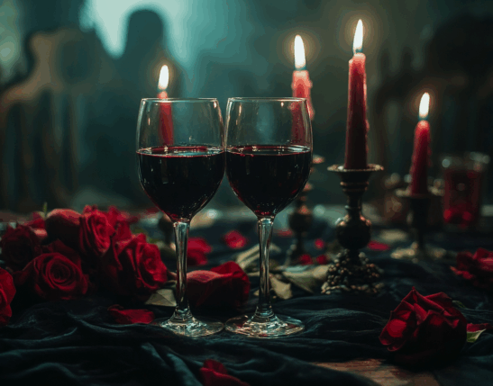 Zwei Gläser Rotwein oder Blut auf einem Tisch mit Rosen und Kerzen