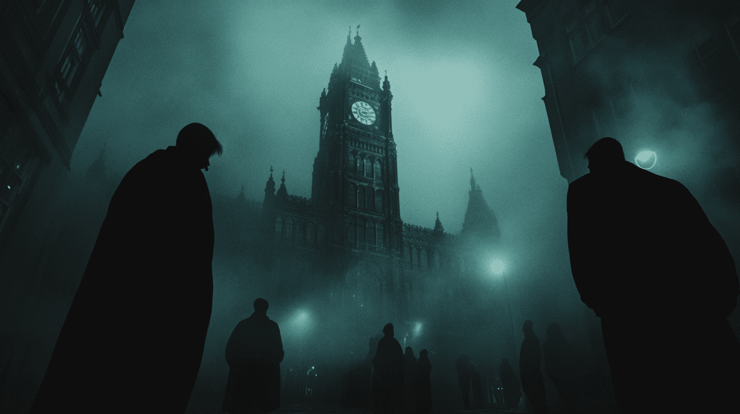 Vampire bei Nacht vor einem Rathaus